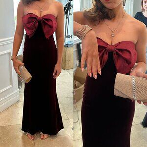 Lulus Women's XS Burgundy Velvet Maxi Dress Gown Bow Strapless